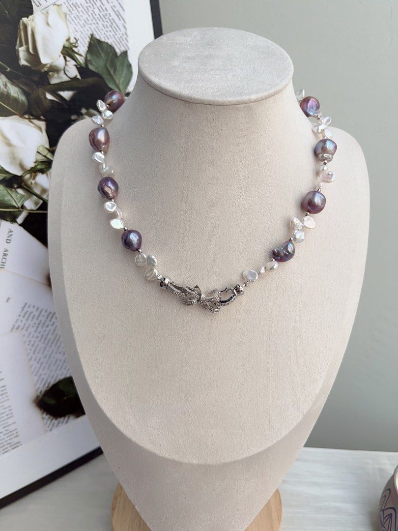 #PN844 Freshwater Pearl Necklace | Blueberry Metallic Purple Wrinkle Baroque | White Silver Petal Pearl|Natural Flaws | Empower Confidence