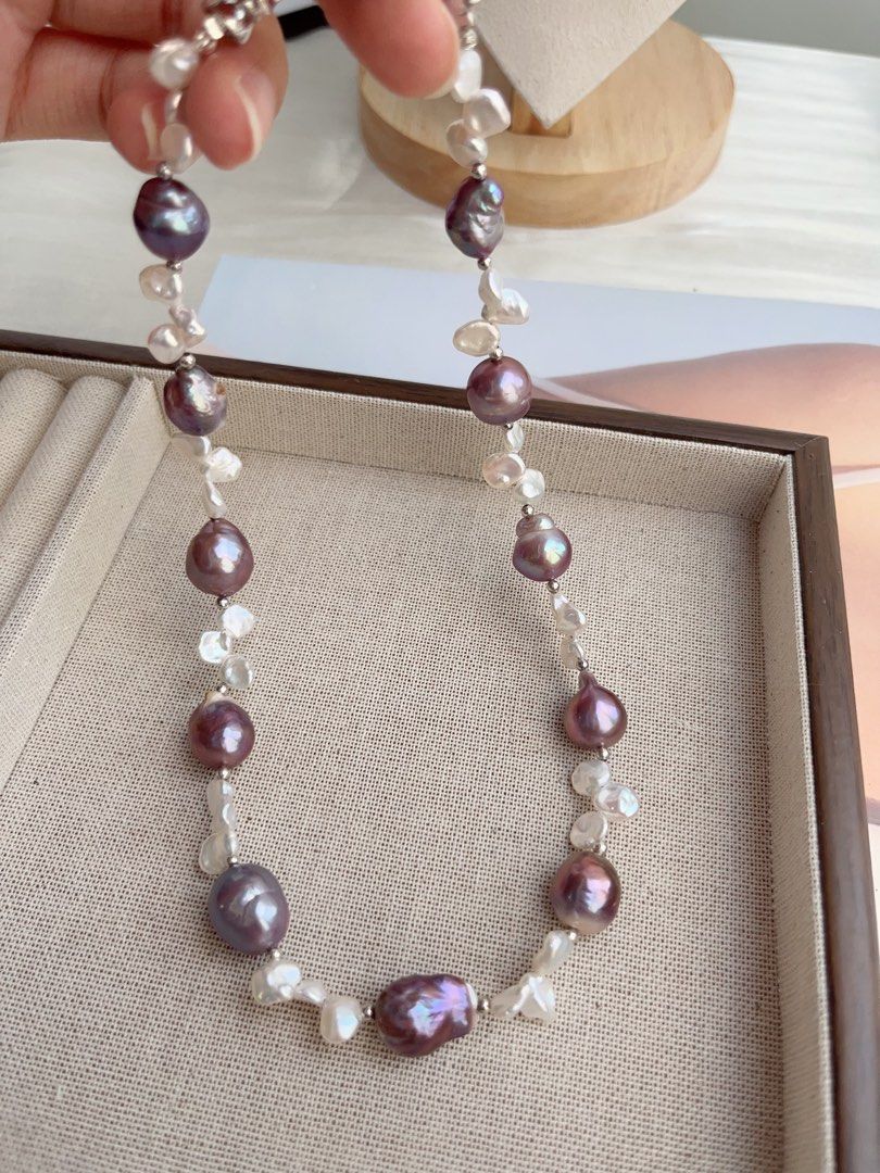 #PN844 Freshwater Pearl Necklace | Blueberry Metallic Purple Wrinkle Baroque | White Silver Petal Pearl|Natural Flaws | Empower Confidence