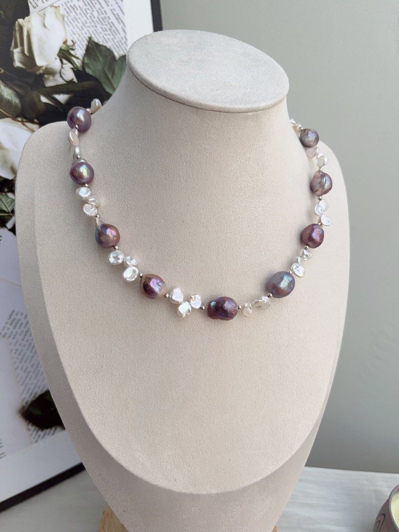 #PN844 Freshwater Pearl Necklace | Blueberry Metallic Purple Wrinkle Baroque | White Silver Petal Pearl|Natural Flaws | Empower Confidence