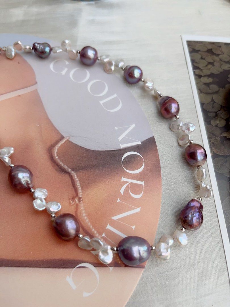 #PN844 Freshwater Pearl Necklace | Blueberry Metallic Purple Wrinkle Baroque | White Silver Petal Pearl|Natural Flaws | Empower Confidence