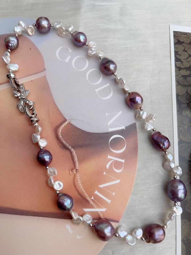 #PN844 Freshwater Pearl Necklace | Blueberry Metallic Purple Wrinkle Baroque | White Silver Petal Pearl|Natural Flaws | Empower Confidence
