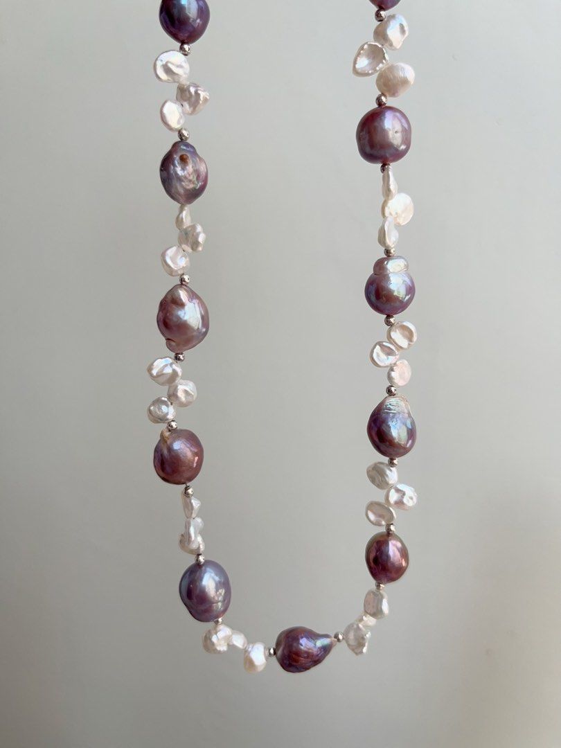 #PN844 Freshwater Pearl Necklace | Blueberry Metallic Purple Wrinkle Baroque | White Silver Petal Pearl|Natural Flaws | Empower Confidence