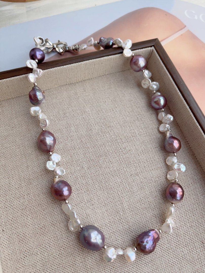 #PN844 Freshwater Pearl Necklace | Blueberry Metallic Purple Wrinkle Baroque | White Silver Petal Pearl|Natural Flaws | Empower Confidence