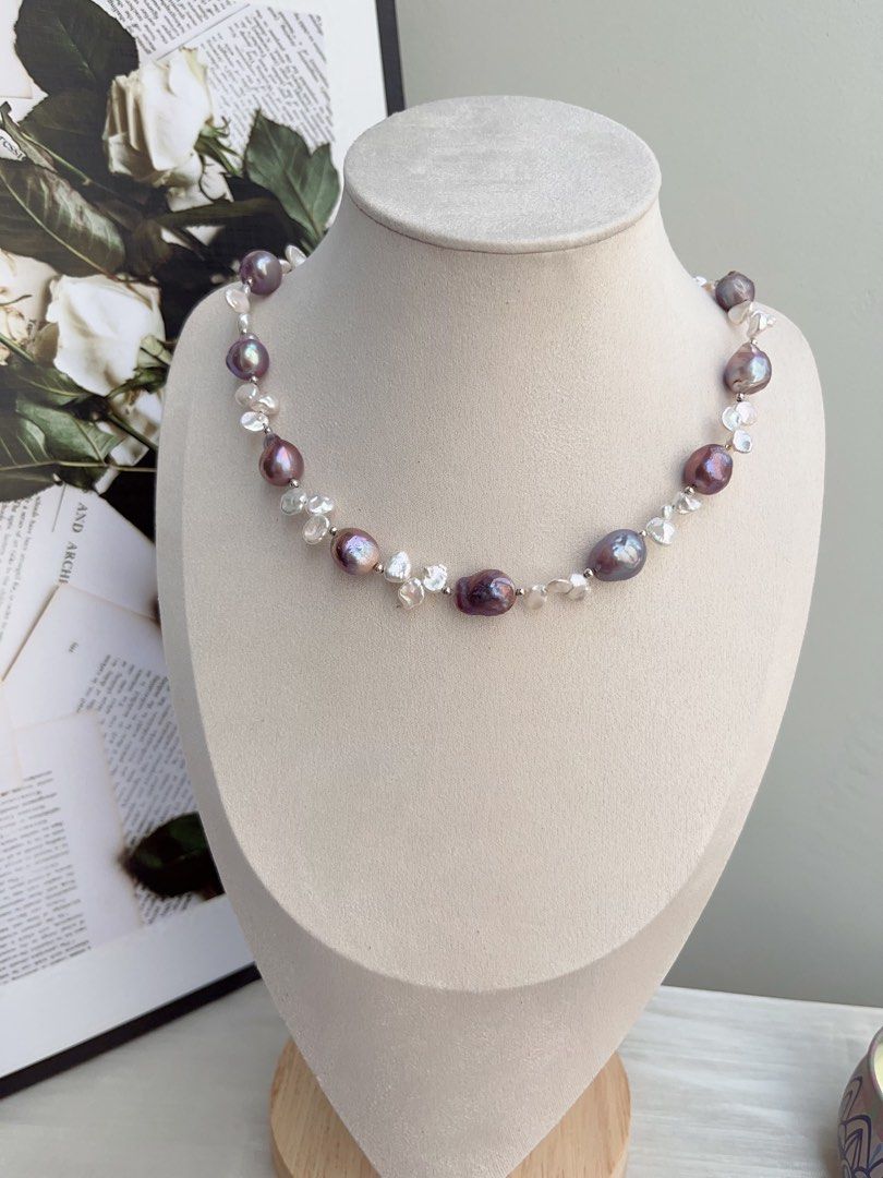 #PN844 Freshwater Pearl Necklace | Blueberry Metallic Purple Wrinkle Baroque | White Silver Petal Pearl|Natural Flaws | Empower Confidence