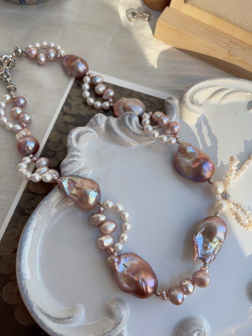 #PN845 Freshwater Pearl Necklace | Purple Fishtail Baroque |Lace Design| Lustrous | Bow Tie Structure | For Special Event