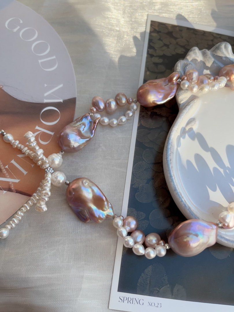 #PN845 Freshwater Pearl Necklace | Purple Fishtail Baroque |Lace Design| Lustrous | Bow Tie Structure | For Special Event