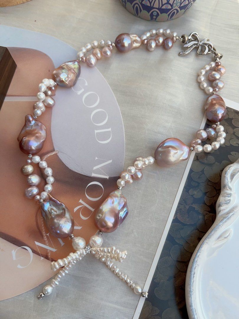 #PN845 Freshwater Pearl Necklace | Purple Fishtail Baroque |Lace Design| Lustrous | Bow Tie Structure | For Special Event