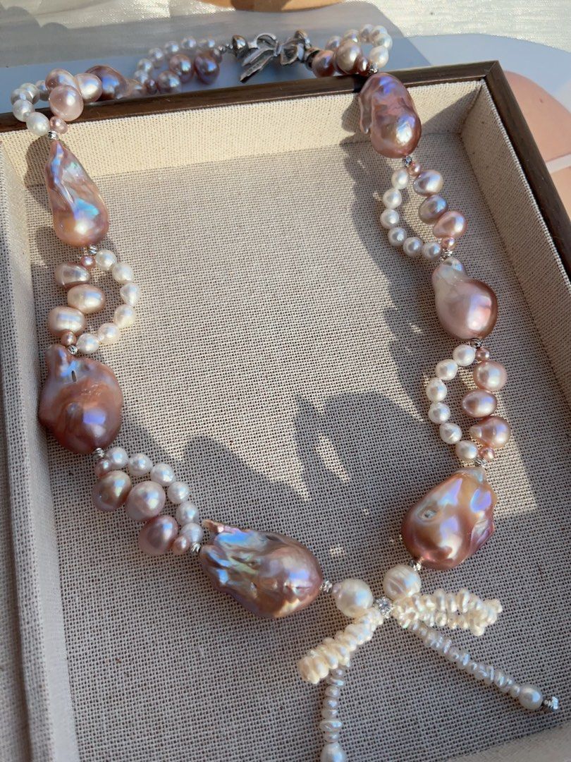 #PN845 Freshwater Pearl Necklace | Purple Fishtail Baroque |Lace Design| Lustrous | Bow Tie Structure | For Special Event