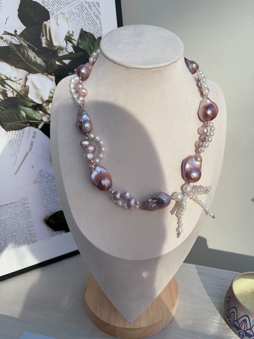 #PN845 Freshwater Pearl Necklace | Purple Fishtail Baroque |Lace Design| Lustrous | Bow Tie Structure | For Special Event