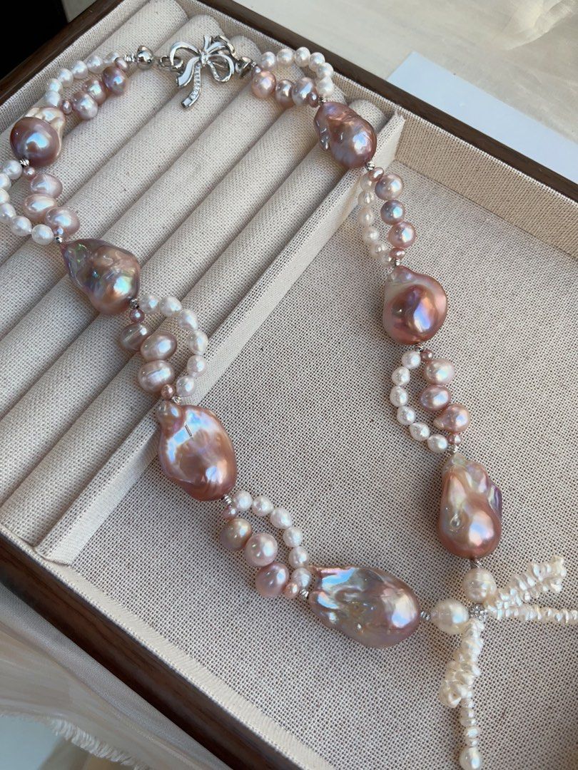 #PN845 Freshwater Pearl Necklace | Purple Fishtail Baroque |Lace Design| Lustrous | Bow Tie Structure | For Special Event