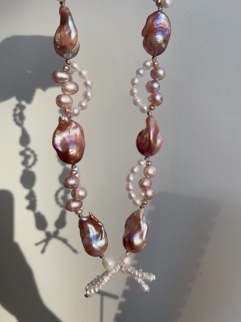 #PN845 Freshwater Pearl Necklace | Purple Fishtail Baroque |Lace Design| Lustrous | Bow Tie Structure | For Special Event