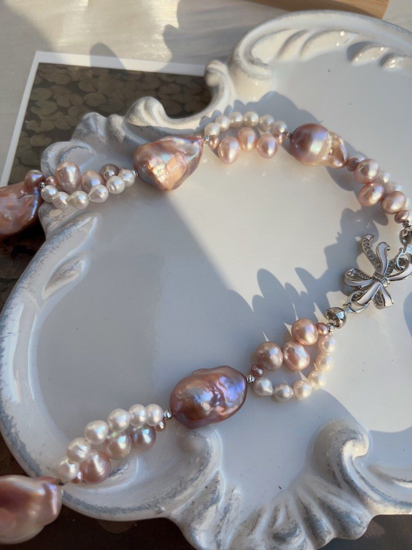 #PN845 Freshwater Pearl Necklace | Purple Fishtail Baroque |Lace Design| Lustrous | Bow Tie Structure | For Special Event