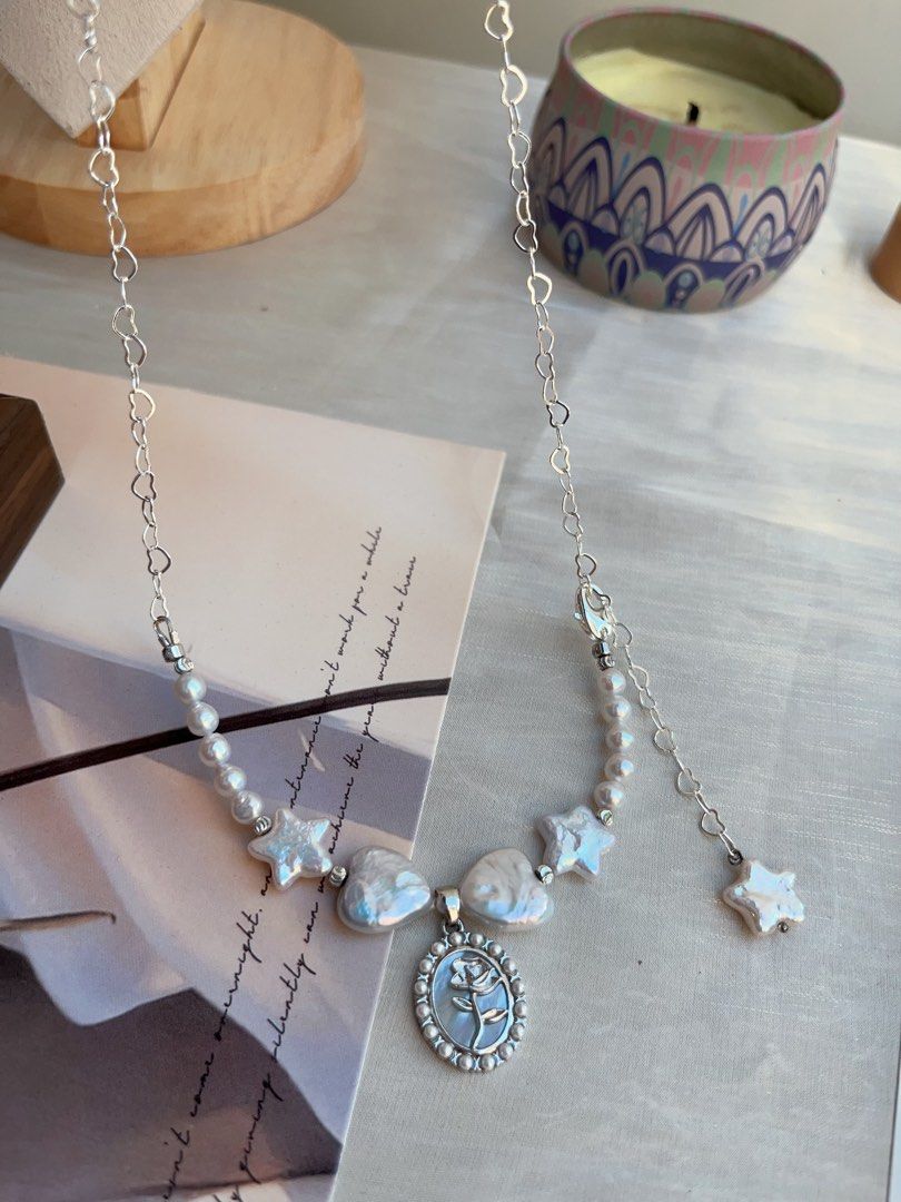 #PN846 Freshwater Pearl Necklace | Heart Bow Tie| 🌟 Star Pearl| Heart Chain| Mother of Pearl Rose Pendant | Dangling Star| Flexible Length | Casual Gift with Style
