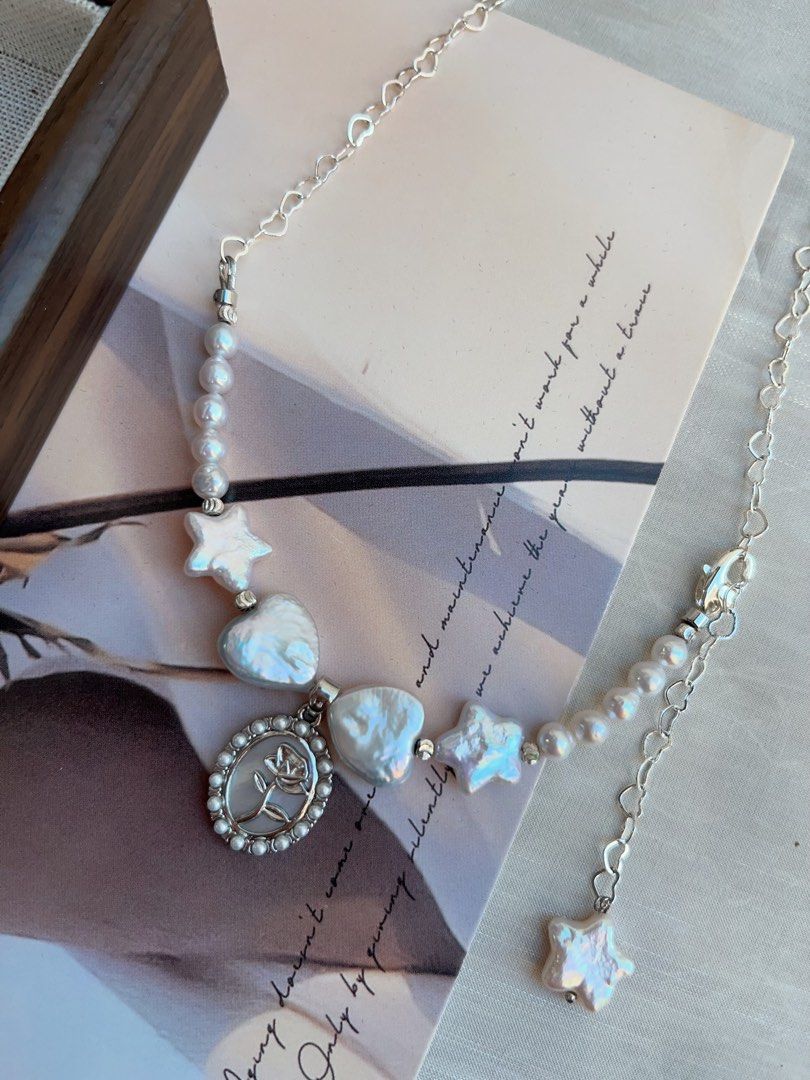 #PN846 Freshwater Pearl Necklace | Heart Bow Tie| 🌟 Star Pearl| Heart Chain| Mother of Pearl Rose Pendant | Dangling Star| Flexible Length | Casual Gift with Style