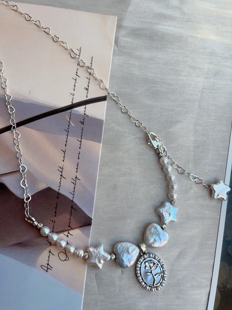 #PN846 Freshwater Pearl Necklace | Heart Bow Tie| 🌟 Star Pearl| Heart Chain| Mother of Pearl Rose Pendant | Dangling Star| Flexible Length | Casual Gift with Style
