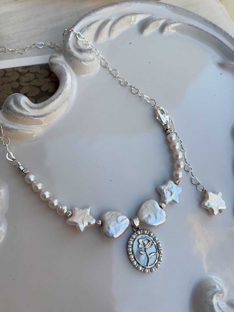 #PN846 Freshwater Pearl Necklace | Heart Bow Tie| 🌟 Star Pearl| Heart Chain| Mother of Pearl Rose Pendant | Dangling Star| Flexible Length | Casual Gift with Style