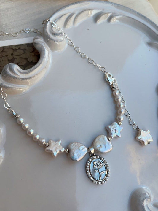#PN846 Freshwater Pearl Necklace | Heart Bow Tie| 🌟 Star Pearl| Heart Chain| Mother of Pearl Rose Pendant | Dangling Star| Flexible Length | Casual Gift with Style