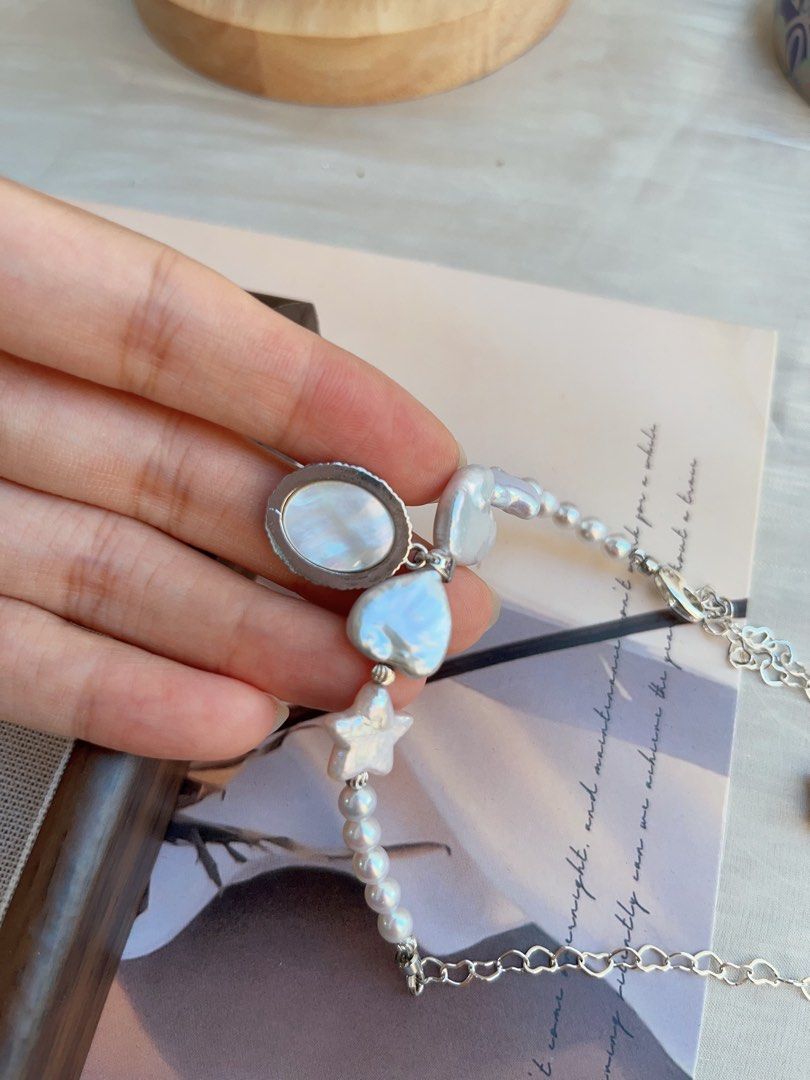#PN846 Freshwater Pearl Necklace | Heart Bow Tie| 🌟 Star Pearl| Heart Chain| Mother of Pearl Rose Pendant | Dangling Star| Flexible Length | Casual Gift with Style