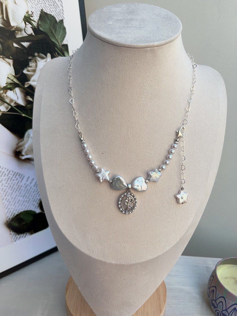 #PN846 Freshwater Pearl Necklace | Heart Bow Tie| 🌟 Star Pearl| Heart Chain| Mother of Pearl Rose Pendant | Dangling Star| Flexible Length | Casual Gift with Style