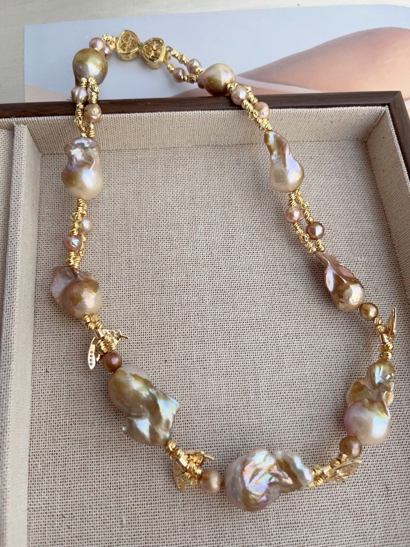 #PN848 Freshwater Pearl Necklace | Butterfly Dancing| Golden Shining Fishtail Baroque | Braided Design| Vintage&Fashion| Rare Colour | Perfect Gift 🎁 for Anniversary