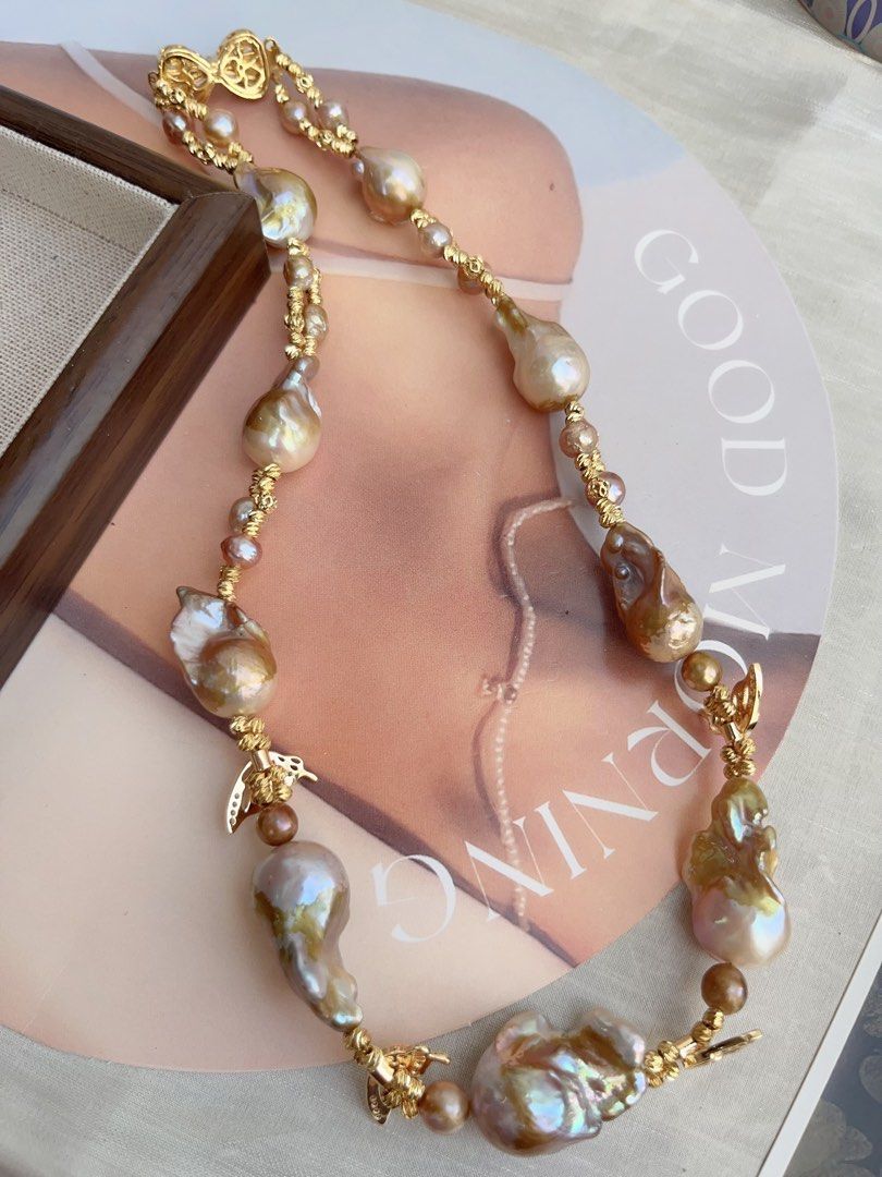 #PN848 Freshwater Pearl Necklace | Butterfly Dancing| Golden Shining Fishtail Baroque | Braided Design| Vintage&Fashion| Rare Colour | Perfect Gift 🎁 for Anniversary
