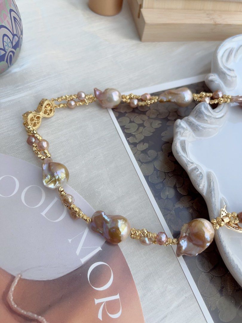 #PN848 Freshwater Pearl Necklace | Butterfly Dancing| Golden Shining Fishtail Baroque | Braided Design| Vintage&Fashion| Rare Colour | Perfect Gift 🎁 for Anniversary