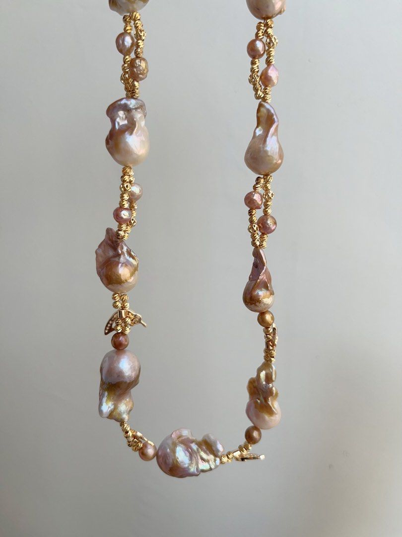 #PN848 Freshwater Pearl Necklace | Butterfly Dancing| Golden Shining Fishtail Baroque | Braided Design| Vintage&Fashion| Rare Colour | Perfect Gift 🎁 for Anniversary