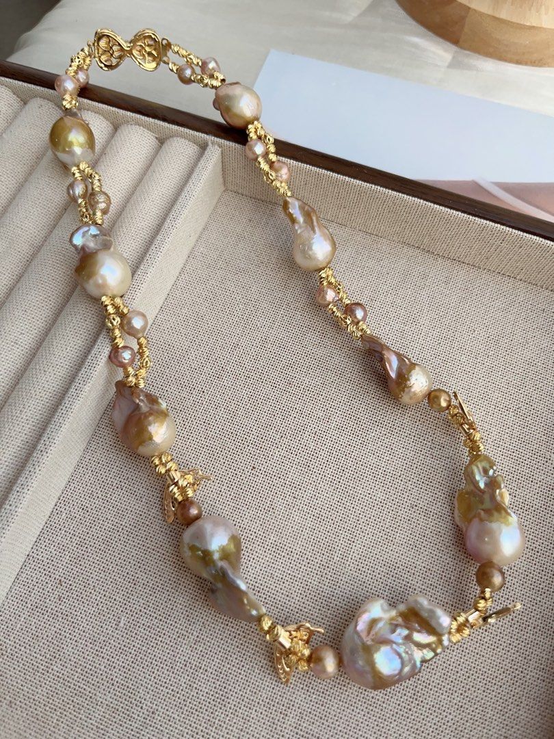 #PN848 Freshwater Pearl Necklace | Butterfly Dancing| Golden Shining Fishtail Baroque | Braided Design| Vintage&Fashion| Rare Colour | Perfect Gift 🎁 for Anniversary