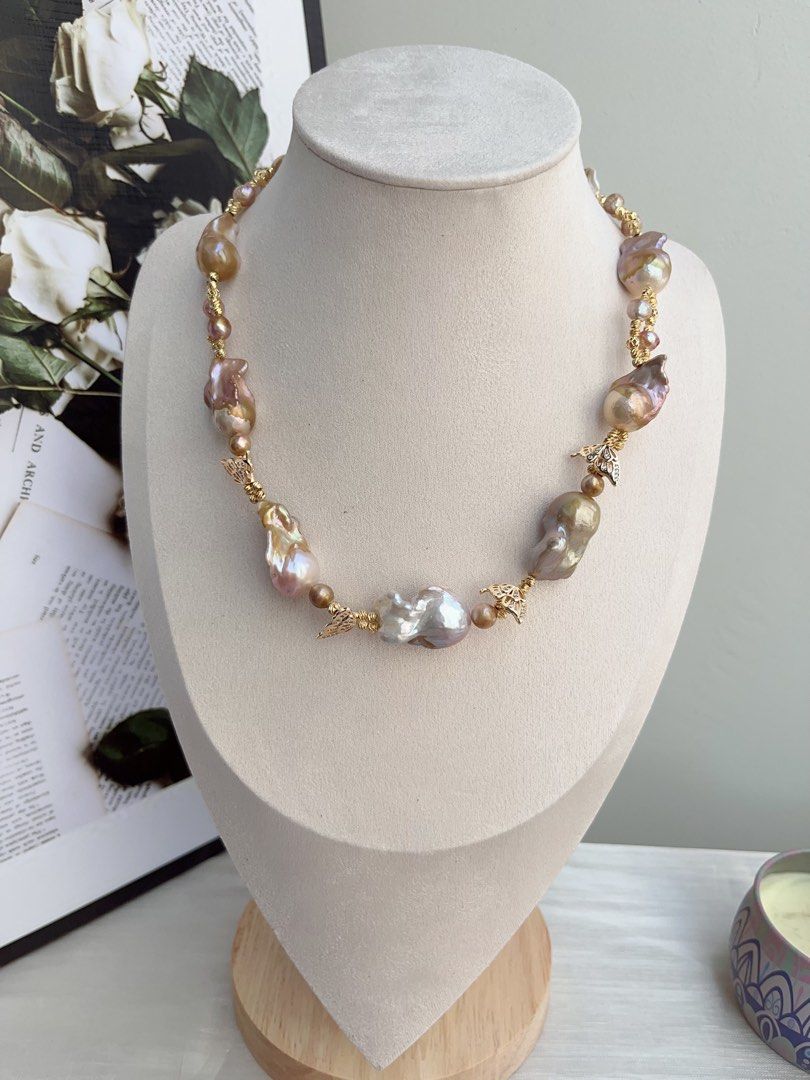 #PN848 Freshwater Pearl Necklace | Butterfly Dancing| Golden Shining Fishtail Baroque | Braided Design| Vintage&Fashion| Rare Colour | Perfect Gift 🎁 for Anniversary
