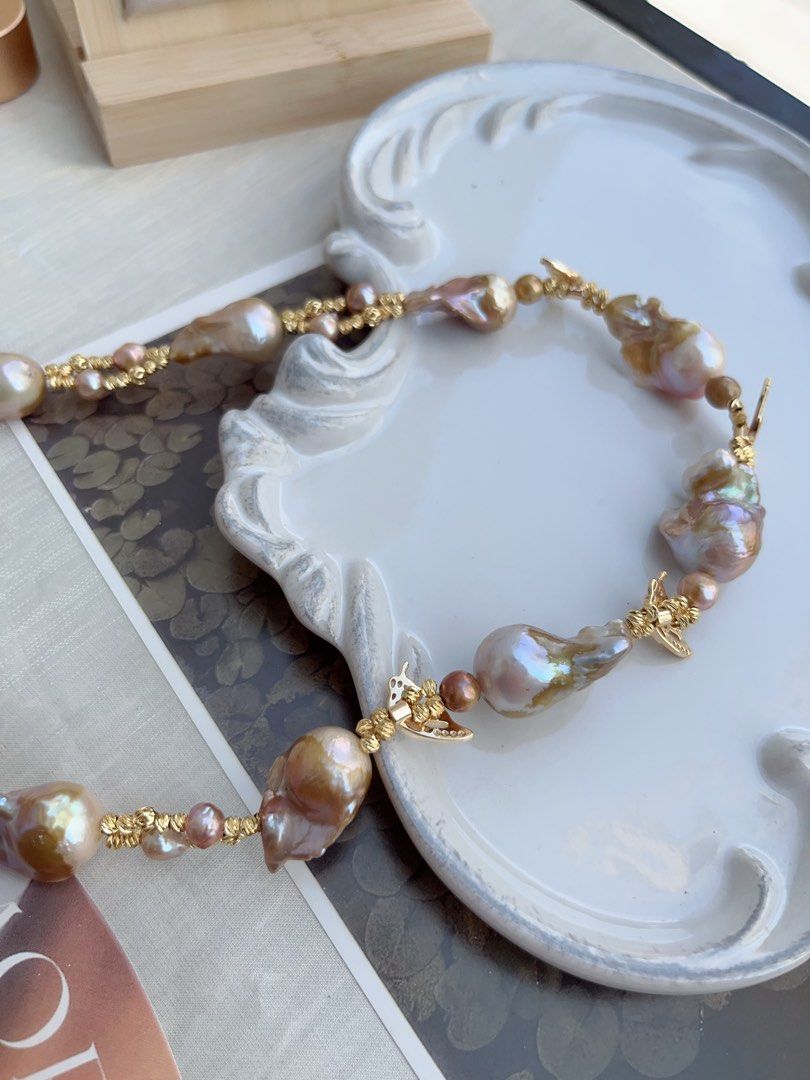 #PN848 Freshwater Pearl Necklace | Butterfly Dancing| Golden Shining Fishtail Baroque | Braided Design| Vintage&Fashion| Rare Colour | Perfect Gift 🎁 for Anniversary