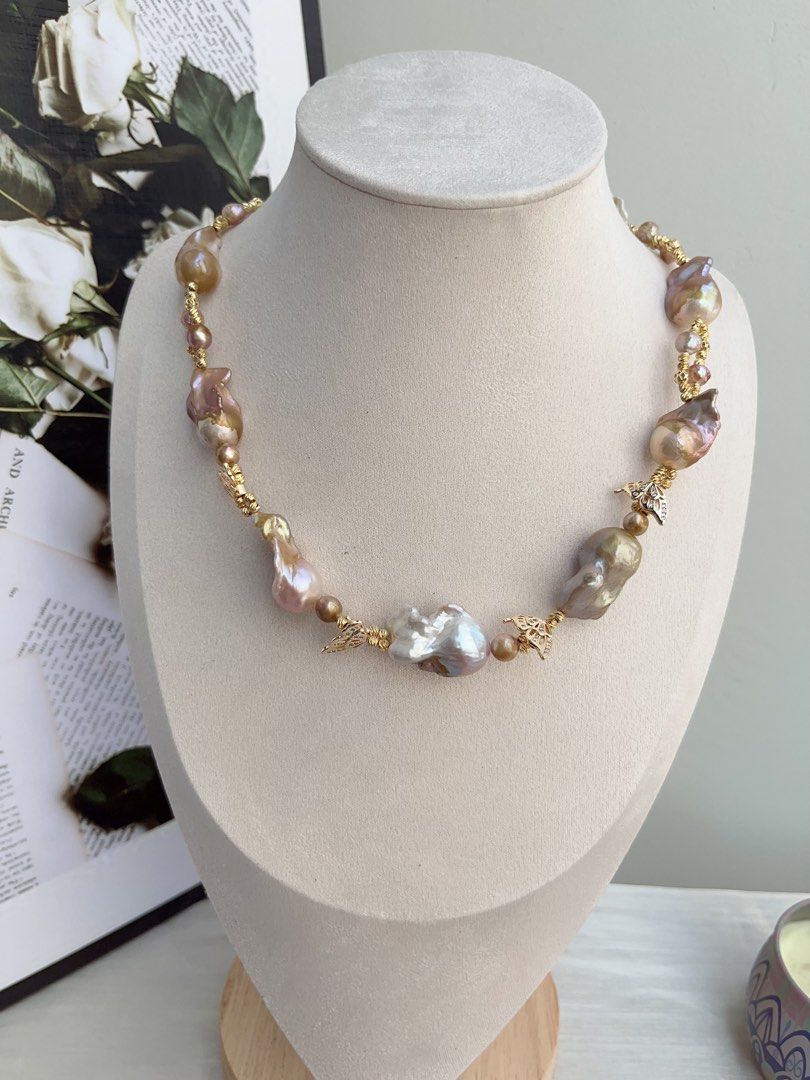 #PN848 Freshwater Pearl Necklace | Butterfly Dancing| Golden Shining Fishtail Baroque | Braided Design| Vintage&Fashion| Rare Colour | Perfect Gift 🎁 for Anniversary