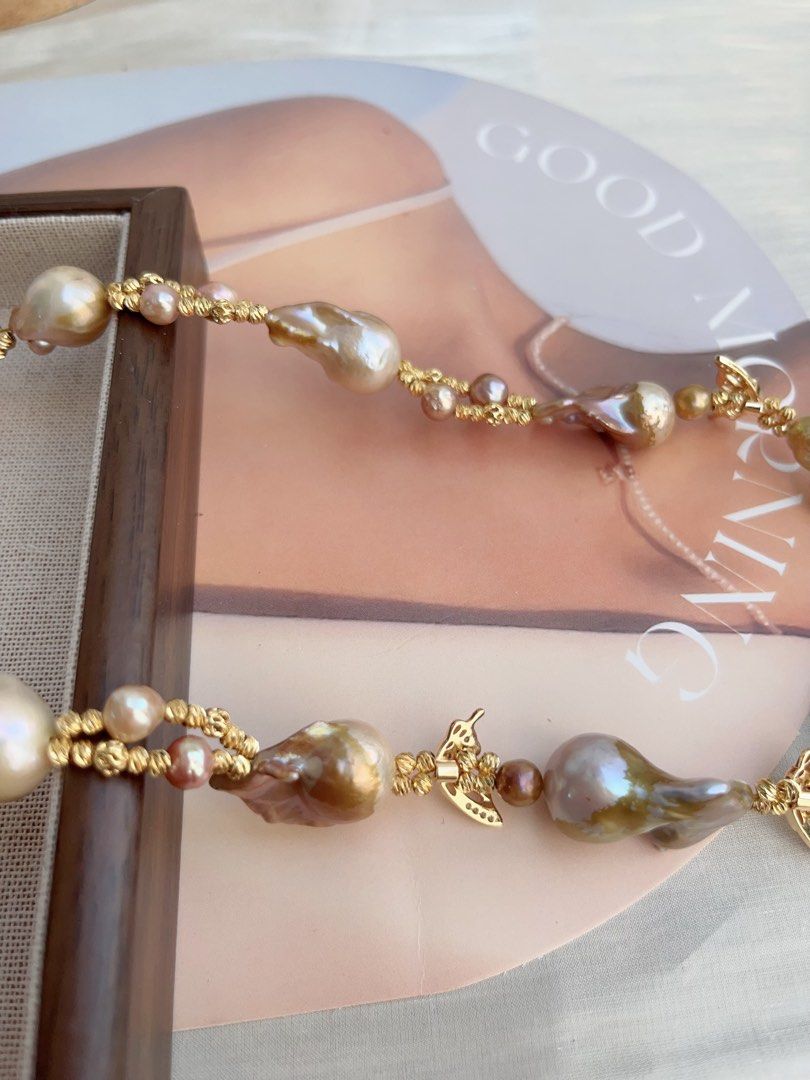 #PN848 Freshwater Pearl Necklace | Butterfly Dancing| Golden Shining Fishtail Baroque | Braided Design| Vintage&Fashion| Rare Colour | Perfect Gift 🎁 for Anniversary