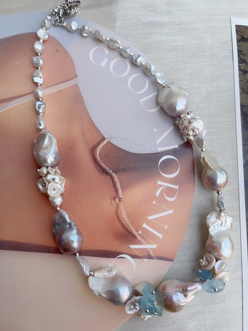 #PN849 [Floral Series] Freshwater Pearl Necklace | Aquamarine Petals | Mystery Colour Fishtail Baroque | Lustrous | Blue Blossoming Flower| Anniversary Wedding Birthday Gift 💝