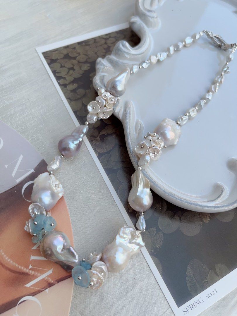 #PN849 [Floral Series] Freshwater Pearl Necklace | Aquamarine Petals | Mystery Colour Fishtail Baroque | Lustrous | Blue Blossoming Flower| Anniversary Wedding Birthday Gift 💝