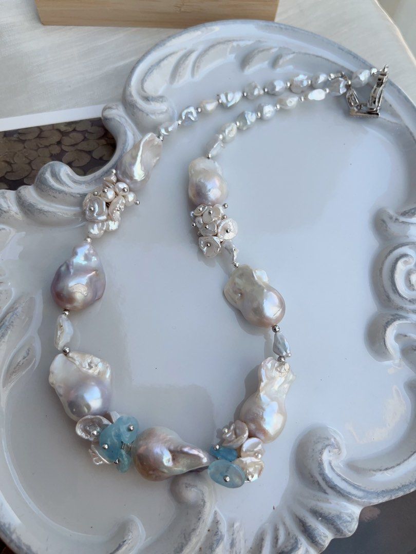 #PN849 [Floral Series] Freshwater Pearl Necklace | Aquamarine Petals | Mystery Colour Fishtail Baroque | Lustrous | Blue Blossoming Flower| Anniversary Wedding Birthday Gift 💝