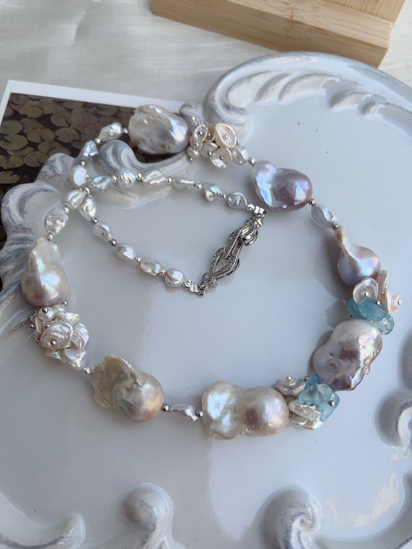 #PN849 [Floral Series] Freshwater Pearl Necklace | Aquamarine Petals | Mystery Colour Fishtail Baroque | Lustrous | Blue Blossoming Flower| Anniversary Wedding Birthday Gift 💝