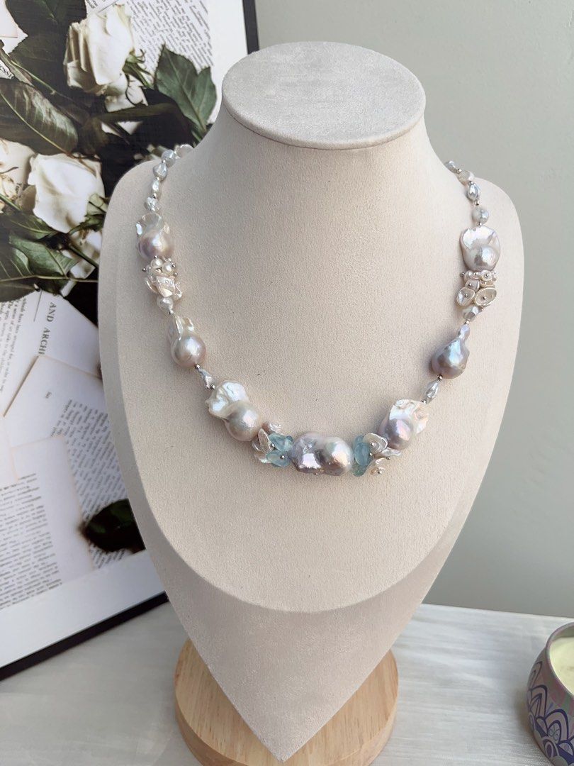 #PN849 [Floral Series] Freshwater Pearl Necklace | Aquamarine Petals | Mystery Colour Fishtail Baroque | Lustrous | Blue Blossoming Flower| Anniversary Wedding Birthday Gift 💝
