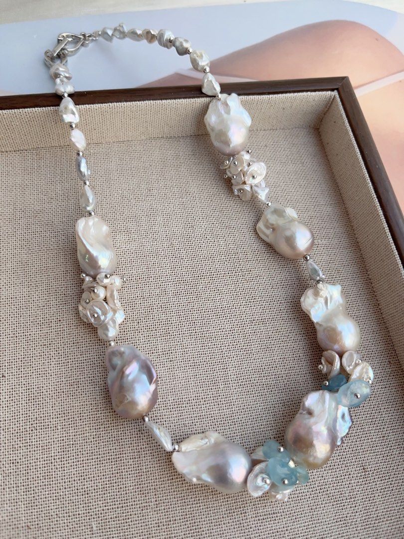 #PN849 [Floral Series] Freshwater Pearl Necklace | Aquamarine Petals | Mystery Colour Fishtail Baroque | Lustrous | Blue Blossoming Flower| Anniversary Wedding Birthday Gift 💝