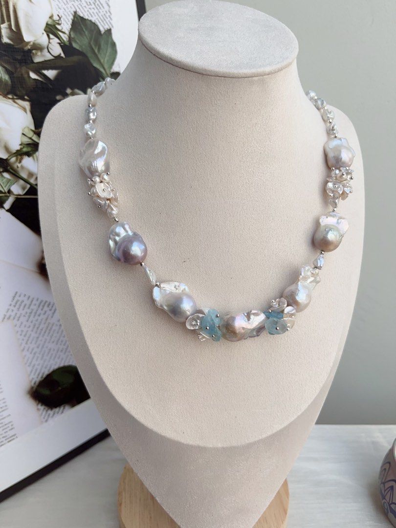 #PN849 [Floral Series] Freshwater Pearl Necklace | Aquamarine Petals | Mystery Colour Fishtail Baroque | Lustrous | Blue Blossoming Flower| Anniversary Wedding Birthday Gift 💝