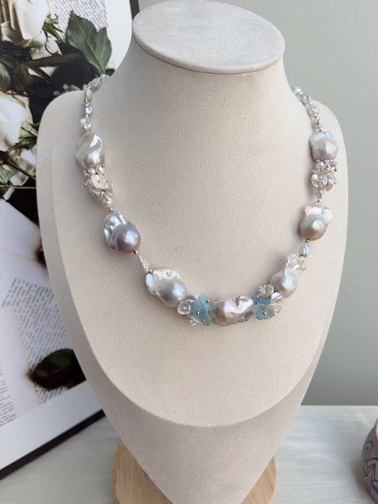 #PN849 [Floral Series] Freshwater Pearl Necklace | Aquamarine Petals | Mystery Colour Fishtail Baroque | Lustrous | Blue Blossoming Flower| Anniversary Wedding Birthday Gift 💝