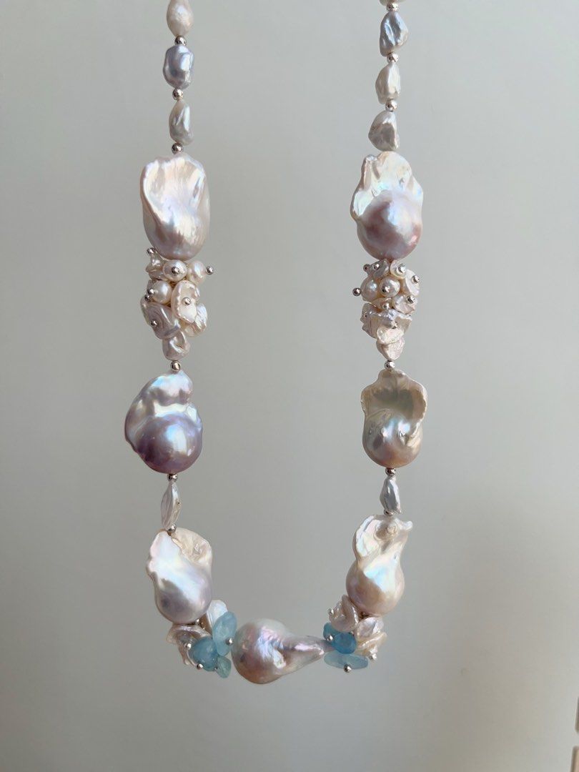 #PN849 [Floral Series] Freshwater Pearl Necklace | Aquamarine Petals | Mystery Colour Fishtail Baroque | Lustrous | Blue Blossoming Flower| Anniversary Wedding Birthday Gift 💝