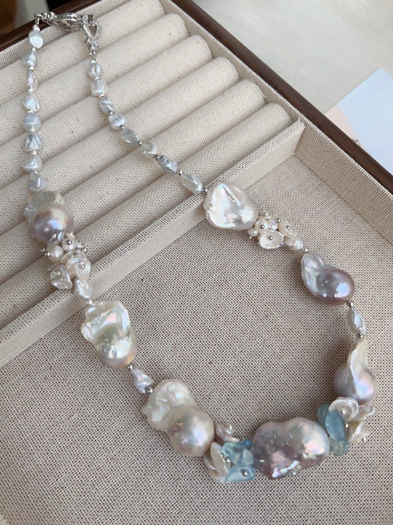#PN849 [Floral Series] Freshwater Pearl Necklace | Aquamarine Petals | Mystery Colour Fishtail Baroque | Lustrous | Blue Blossoming Flower| Anniversary Wedding Birthday Gift 💝