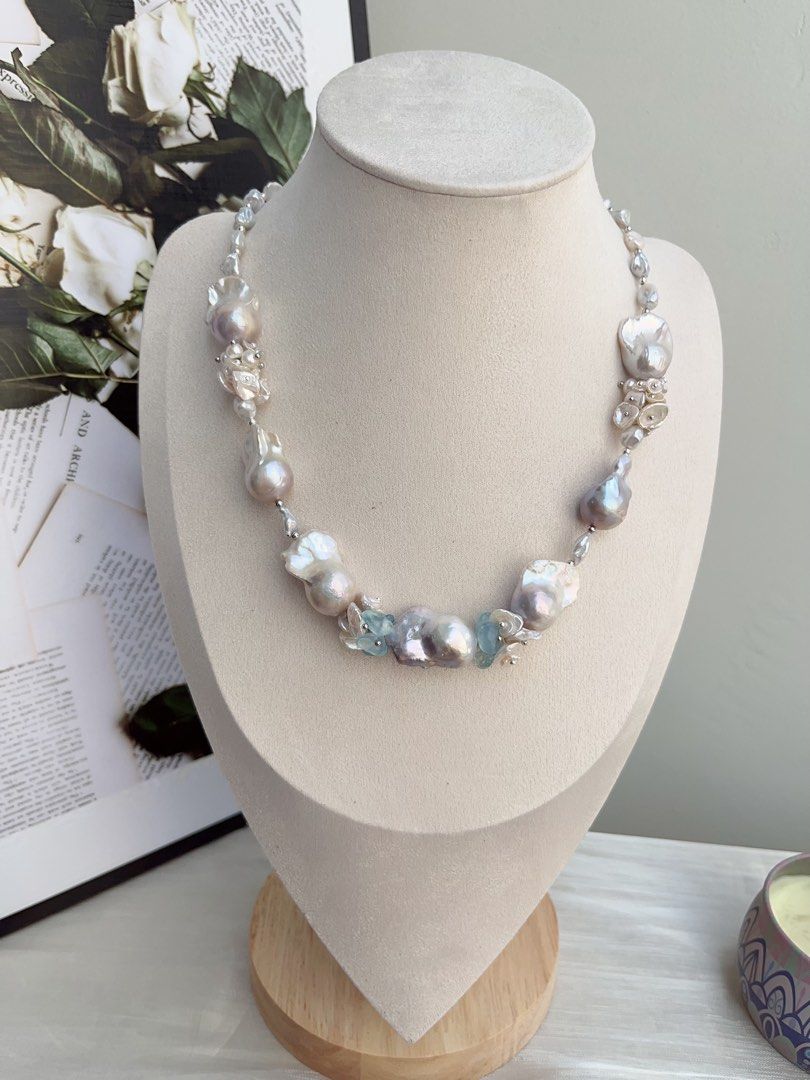 #PN849 [Floral Series] Freshwater Pearl Necklace | Aquamarine Petals | Mystery Colour Fishtail Baroque | Lustrous | Blue Blossoming Flower| Anniversary Wedding Birthday Gift 💝