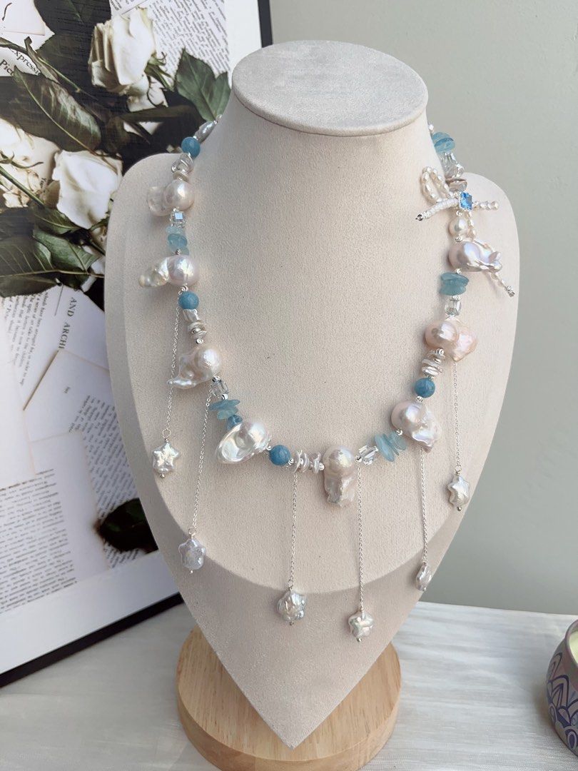 #PN851 Freshwater Pearl Necklace | White Lustrous Fishtail Baroque | Shooting Stars ✨ | Aquamarine Chips| Layered Petals| Pearl Bow Tie| Milky Way on Your Neck