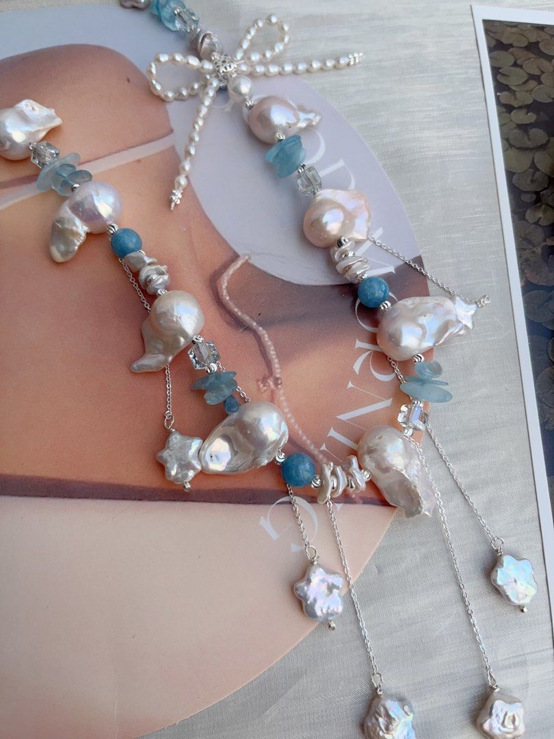 #PN851 Freshwater Pearl Necklace | White Lustrous Fishtail Baroque | Shooting Stars ✨ | Aquamarine Chips| Layered Petals| Pearl Bow Tie| Milky Way on Your Neck