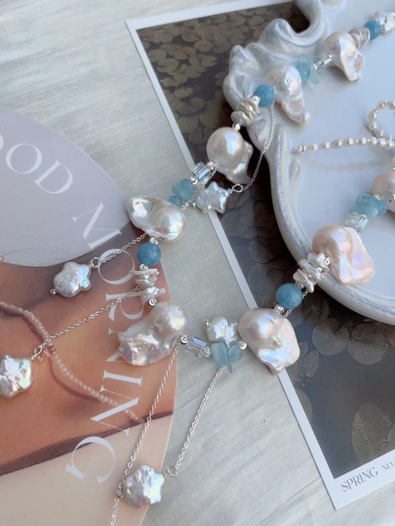 #PN851 Freshwater Pearl Necklace | White Lustrous Fishtail Baroque | Shooting Stars ✨ | Aquamarine Chips| Layered Petals| Pearl Bow Tie| Milky Way on Your Neck