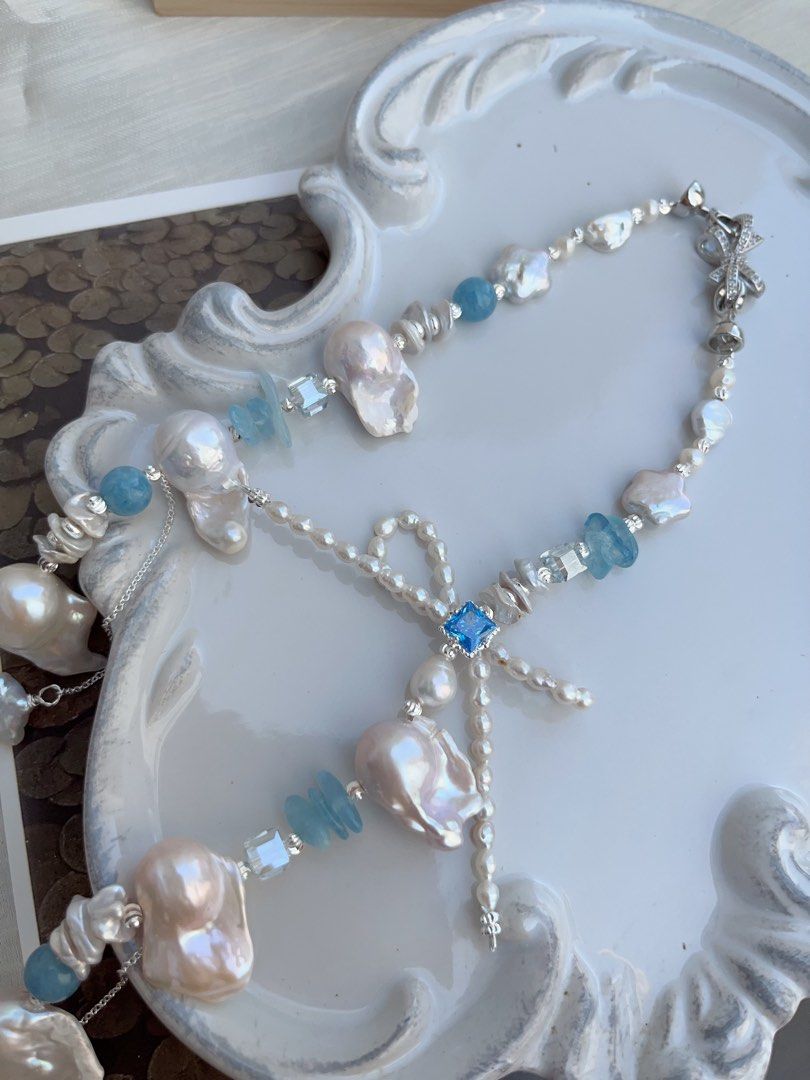 #PN851 Freshwater Pearl Necklace | White Lustrous Fishtail Baroque | Shooting Stars ✨ | Aquamarine Chips| Layered Petals| Pearl Bow Tie| Milky Way on Your Neck