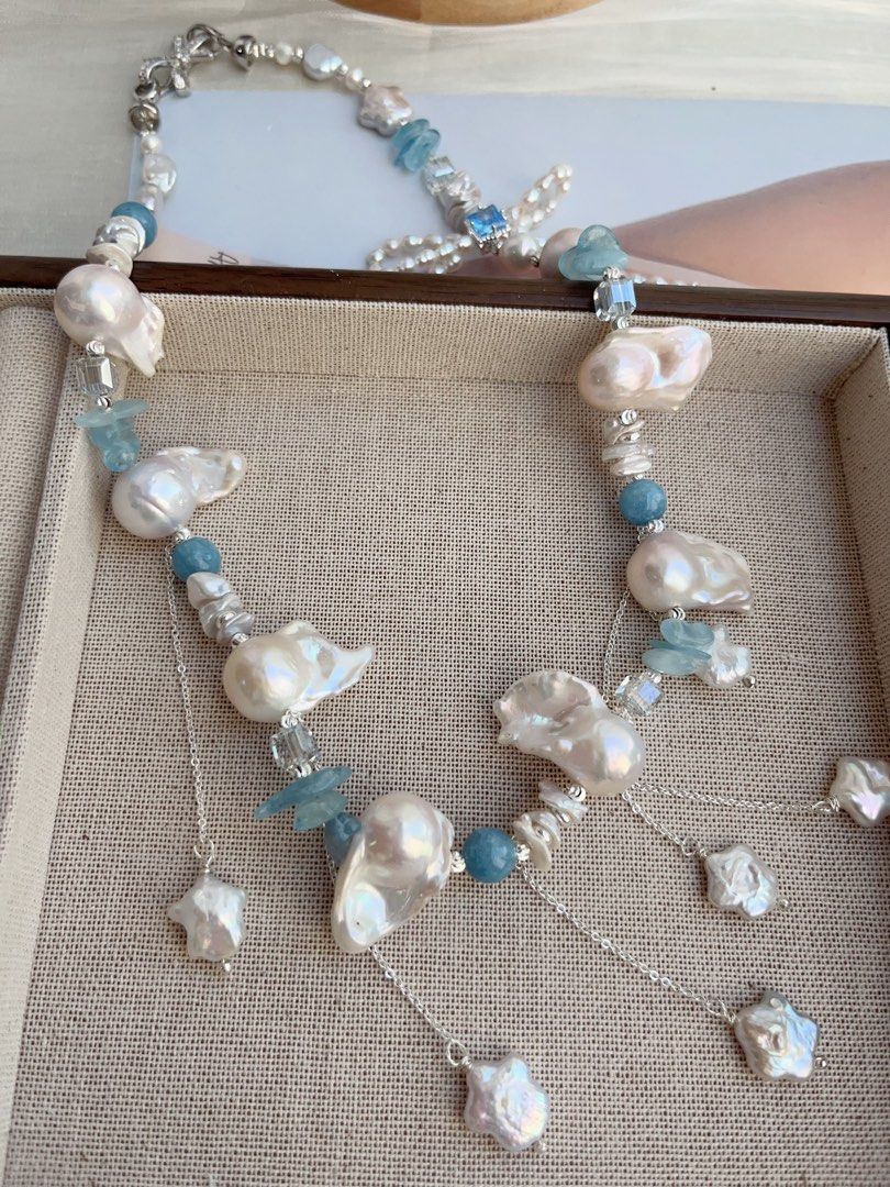 #PN851 Freshwater Pearl Necklace | White Lustrous Fishtail Baroque | Shooting Stars ✨ | Aquamarine Chips| Layered Petals| Pearl Bow Tie| Milky Way on Your Neck