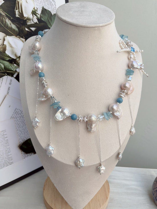 #PN851 Freshwater Pearl Necklace | White Lustrous Fishtail Baroque | Shooting Stars ✨ | Aquamarine Chips| Layered Petals| Pearl Bow Tie| Milky Way on Your Neck