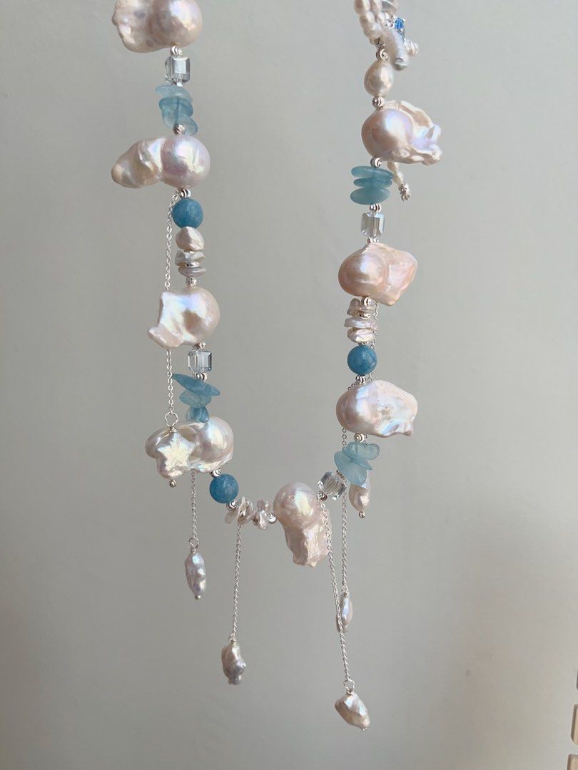 #PN851 Freshwater Pearl Necklace | White Lustrous Fishtail Baroque | Shooting Stars ✨ | Aquamarine Chips| Layered Petals| Pearl Bow Tie| Milky Way on Your Neck